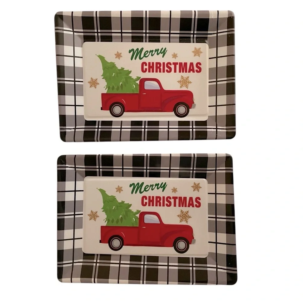 Christmas Melamine Trays Black White Plaid Border Red Truck Tree Set of Two